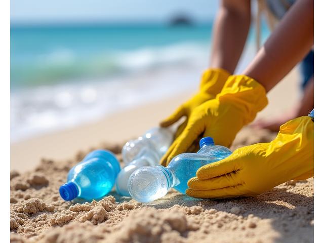 Volunteers (hands only visible) collecting plastic debris on a beautiful sandy beach, focusing on the action.
