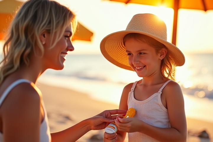 Family applying sunscreen on a sunny beach