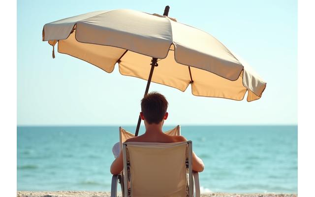 A person enjoying beach day reading under an umbrella