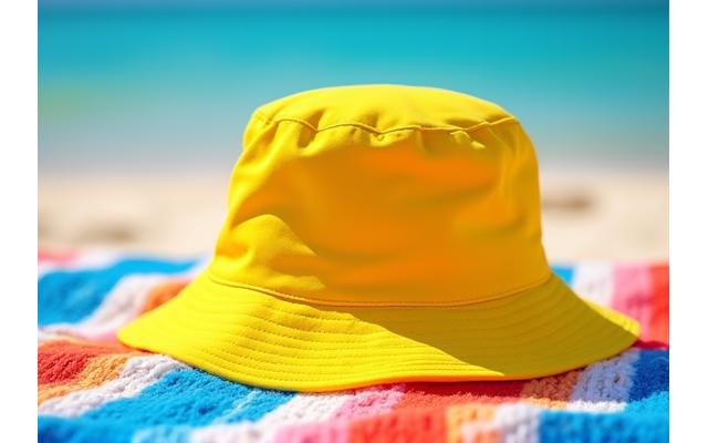 Trendy bucket hat on a vibrant beach towel
