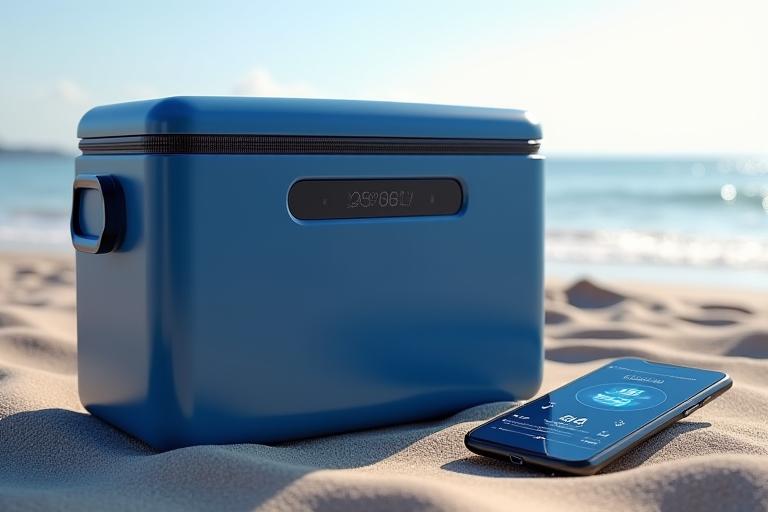 Sleek smart cooler bag on a sandy beach, with a discreet touch panel and internal lights, connected to a smartphone displaying temperature and battery level.