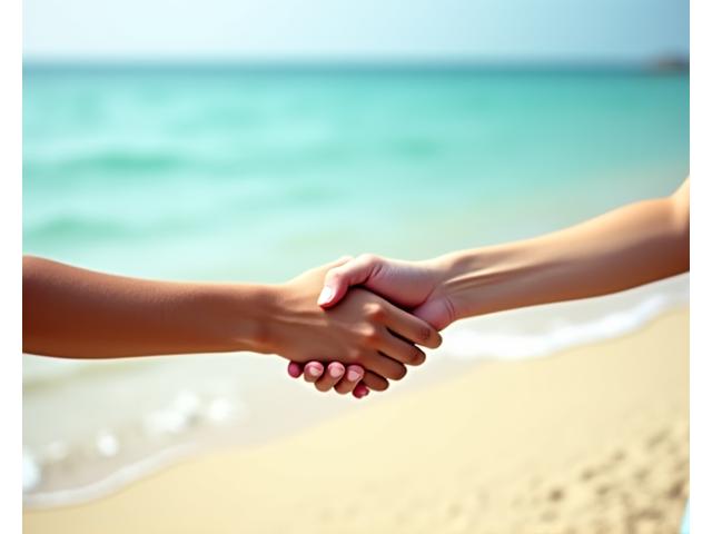 A handshake with a serene beach backdrop, symbolizing trust and transparent policies.